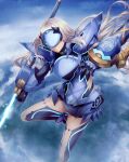  1girl absurdres armor armored_dress bangs blue_armor blue_dress blue_legwear blue_sky breastplate breasts dress fairy_knight_lancelot_(fate) fate/grand_order fate_(series) faulds highres kankitsurui_(house_of_citrus) long_hair mask pauldrons short_dress shoulder_armor sidelocks sky small_breasts solo thighs weapon white_hair 
