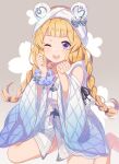  1girl bathrobe blonde_hair blush braid cagliostro_(granblue_fantasy) commentary_request detached_sleeves fleur_de_lis floral_background floral_print granblue_fantasy grey_background hairband jiman long_hair looking_at_viewer low_twin_braids one_eye_closed pom_pom_(clothes) scrunchie sitting smile solo twin_braids violet_eyes wariza wide_sleeves wrist_scrunchie 