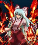  1girl baggy_pants bangs bow buttons closed_mouth collared_shirt commentary_request emon-yu eyebrows_visible_through_hair feet_out_of_frame fire fujiwara_no_mokou hair_between_eyes hair_bow light_blue_hair long_hair long_sleeves looking_at_viewer ofuda ofuda_on_clothes pants pink_shirt red_eyes red_pants shirt sleeve_garter smile solo suspenders touhou very_long_hair white_bow 