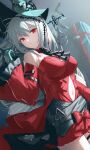  1girl aqua_headwear arknights ascot black_neckwear breasts closed_mouth commentary_request eyebrows_visible_through_hair hat highres jfjf long_hair long_sleeves looking_at_viewer medium_breasts navel red_eyes skadi_(arknights) skadi_the_corrupting_heart_(arknights) solo white_hair 