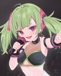  1girl :d ahoge armpits bare_shoulders black_choker black_shirt bracelet breasts choker cleavage_cutout clothing_cutout crop_top delutaya fangs green_hair hair_ornament highres holding indie_virtual_youtuber jewelry long_hair looking_at_viewer microphone midriff open_mouth red_eyes shin_murasame shirt sleeveless sleeveless_shirt small_breasts smile solo twintails upper_body v-shaped_eyebrows 