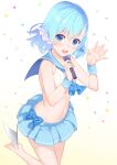  1girl :d absurdres bangs bare_shoulders barefoot beads blue_bow blue_hair blue_skirt bow crop_top elliot_leucosia enjou_kouhai_oshiego_wa_elf_ryuu_ningyo_jinrou eyebrows_visible_through_hair fish_girl hair_beads hair_between_eyes hair_ornament head_fins highres holding holding_microphone leg_up looking_at_viewer medium_hair microphone navel open_mouth pleated_skirt sailor_collar skirt sleeveless smile solo standing standing_on_one_leg star_(symbol) stomach takunomi upper_teeth webbed_hands wrist_cuffs 