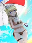  1girl absurdres alternate_costume bikini black_bikini blonde_hair blue_eyes breasts double_bun fletcher_(kancolle) highres holding holding_umbrella kantai_collection long_hair medium_breasts mmk navel side-tie_bikini sidelocks smile solo swimsuit thigh_strap umbrella 