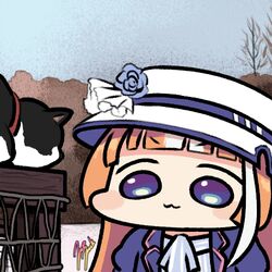  1girl akikawa_yayoi_(umamusume) bangs blue_eyes blue_flower blue_rose blunt_bangs cat chibi commentary fence flower hat hat_flower jacket jaggy_line jazz_jack lowres multicolored_hair orange_hair photo-referenced real_life rose scene_reference signature streaked_hair sun_hat two-tone_hair umamusume white_hair 