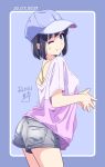  1girl 2021 bangs baseball_cap black_hair blue_background blue_border blue_eyes border breasts casual closed_mouth commentary_request cowboy_shot dated denim denim_shorts facial_mark fingers_together from_side hat highres looking_at_viewer nii_manabu one_eye_closed original pink_shirt shirt short_hair shorts signature smile solo star_(symbol) two-tone_shirt white_shirt 