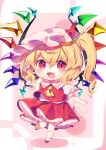  1girl absurdres bangs blonde_hair buttons chibi clip_studio_paint_(medium) collar crystal eyebrows_visible_through_hair eyes_visible_through_hair flandre_scarlet gunjou_row hair_between_eyes hand_up hat hat_ribbon highres leg_up looking_to_the_side mob_cap multicolored multicolored_eyes multicolored_wings open_mouth pink_background pink_eyes ponytail puffy_short_sleeves puffy_sleeves red_eyes red_footwear red_ribbon red_skirt red_vest ribbon shadow shirt shoes short_hair short_sleeves skirt smile socks solo standing standing_on_one_leg touhou vest violet_eyes white_background white_headwear white_legwear white_shirt white_sleeves wings yellow_eyes yellow_neckwear 