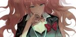  1girl bangs black_bra black_choker black_shirt blue_eyes bow bra breasts choker dangan_ronpa:_trigger_happy_havoc dangan_ronpa_(series) enoshima_junko eyebrows_visible_through_hair frown half-closed_eyes hand_on_own_chin hand_up highres long_hair looking_at_viewer nail_polish pink_hair red_bow red_nails shirt simple_background solo twintails underwear vo1ez white_background 