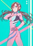  1girl aqua_eyes bodysuit breasts brown_hair closed_mouth glasses hair_ornament highres light_smile makinami_mari_illustrious neon_genesis_evangelion nobile1031 plugsuit rebuild_of_evangelion sidelocks simple_background small_breasts solo standing twintails 