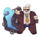  1boy among_us beard brown_jacket brown_pants chain coffin crewmate_(among_us) cyan_(among_us) eyepatch facial_hair fat fat_man full_body glasses goldlewis_dickinson grey_hair guilty_gear guilty_gear_strive highres jacket moonsmoothie mustache pants simple_background standing white_background 