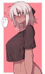  1girl ahoge black_shirt bow commentary fate/grand_order fate_(series) hair_bow highres ishibori_eregomos looking_at_viewer okita_souji_(alter)_(fate) okita_souji_(fate)_(all) shirt short_hair solo speech_bubble stomach tan tearing_up translated upper_body white_hair yellow_eyes 