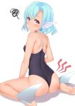  1girl absurdres ass bare_legs bare_shoulders barefoot blue_hair blush breasts elliot_leucosia enjou_kouhai_oshiego_wa_elf_ryuu_ningyo_jinrou fins fish_girl from_behind head_fins highres looking_at_viewer looking_back monster_girl on_ground one-piece_swimsuit school_swimsuit short_hair simple_background sitting small_breasts solo swimsuit takunomi tearing_up violet_eyes white_background 
