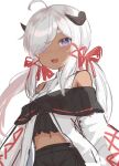  1girl :d absurdres bare_shoulders blush cowboy_shot dark-skinned_female dark_skin fang hair_over_one_eye hair_ribbon highres horns klaius looking_at_viewer midriff navel off_shoulder open_mouth original red_ribbon ribbon simple_background skin_fang smile solo violet_eyes white_background white_hair 