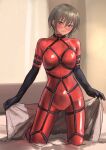  1girl black_gloves blush bodysuit chest_harness contrapposto elbow_gloves gloves grey_eyes grey_hair harness highres kilye_kairi kneeling latex latex_bodysuit looking_at_viewer original parted_lips red_bodysuit short_hair sidelocks skin_tight smile solo 