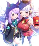  2girls animal_ears bangs bare_shoulders black_skirt blunt_bangs blurry bow bowtie commentary depth_of_field feet_out_of_frame frilled_coat frilled_sleeves frills gloves gold_ship_(umamusume) green_bow green_neckwear grin hand_on_another&#039;s_shoulder highres horse_ears horse_girl kiramarukou long_hair long_sleeves mejiro_mcqueen_(umamusume) multiple_girls one_eye_closed pantyhose pillbox_hat pleated_skirt purple_hair red_eyes selfie silver_hair skirt smile sweatdrop symbol_commentary thigh_strap umamusume violet_eyes white_gloves white_legwear 