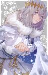  1boy bangs blue_eyes bowing cape fate/grand_order fate_(series) fur-trimmed_cape fur_trim grey_hair highres kujiraoka looking_at_viewer male_focus oberon_(fate) short_hair smile snow solo white_cape 