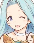  1girl ;d bare_shoulders blue_eyes blue_hair bridal_gauntlets choker close-up dress face fingerless_gloves gloves granblue_fantasy kiikii_(kitsukedokoro) long_hair lyria_(granblue_fantasy) one_eye_closed open_mouth portrait smile solo 