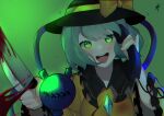  1girl :d bangs black_headwear blood bloody_knife blouse bow breasts chromatic_aberration eyeball eyebrows_behind_hair frilled_shirt_collar frills gradient gradient_background green_background green_eyes green_hair hat hat_bow hat_ribbon highres holding holding_knife holding_phone knife komeiji_koishi light_blush long_sleeves looking_at_viewer majime_joe medium_breasts open_mouth phone ribbon round_teeth short_hair signature simple_background smile solo swept_bangs teeth third_eye touhou upper_teeth wide_sleeves yellow_blouse yellow_bow 