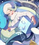  1girl :d blue_eyes blush boots breasts commentary earrings eiscue eiscue_(ice) fur_hat gen_1_pokemon gen_8_pokemon gym_leader hat jewelry lapras legwear_under_shorts long_hair mature_female melony_(pokemon) mitsu_(mitu_328) multicolored_hair open_mouth pantyhose pokemon pokemon_(creature) pokemon_(game) pokemon_swsh scarf shirt shorts smile streaked_hair tongue upper_teeth white_footwear white_headwear white_scarf white_shirt 