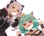  2girls :d absurdres animal_ears bankamba black_dress blush cat_ears cat_girl dress from_below gothic_lolita green_hair highres hololive lolita_fashion looking_at_viewer multiple_girls murasaki_shion open_mouth paw_pose piyoko_(uruha_rushia) silver_hair smile smug upper_body uruha_rushia virtual_youtuber 