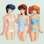  1980s_(style) 3girls arms_behind_back bangs blue_hair brown_hair cropped_legs hand_on_another&#039;s_shoulder long_hair looking_at_viewer lowres midnight_anime_lemon_angel multiple_girls navel official_art open_mouth orange_hair retro_artstyle short_hair simple_background smile underwear underwear_only 