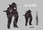  aiyat_@_maotto character_name clenched_hands grey_background highres horns mecha multiple_views no_humans original science_fiction single_horn sketch standing sword weapon 