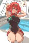  1girl armpits arms_behind_head bangs bare_shoulders breasts closed_mouth earrings indoors jewelry kiikii_(kitsukedokoro) large_breasts leotard looking_at_viewer navel pool pyra_(xenoblade) red_eyes redhead rei_no_pool seiza short_hair sitting smile solo xenoblade_chronicles_(series) xenoblade_chronicles_2 