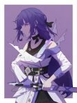  1girl asymmetrical_sleeves bangs bare_shoulders belt belt_buckle border buckle chinese_commentary closed_mouth gloves hair_between_eyes hair_ribbon highres holding holding_sword holding_weapon honkai_(series) honkai_impact_3rd horns jacket katana long_hair long_sleeves looking_at_viewer looking_to_the_side purple_background purple_gloves purple_hair raiden_mei ribbon simple_background solo sword uneven_sleeves violet_eyes weapon white_background white_jacket yang_zheng_yu 