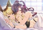  2girls animal_ears bandaged_arm bandages bed bed_sheet blonde_hair bracelet brown_eyes closed_eyes commentary_request ear_piercing erune flower granblue_fantasy hair_flower hair_ornament jewelry keepvalley light lips lipstick long_hair looking_back makeup mari_(granblue_fantasy) meg_(granblue_fantasy) multiple_girls nail_polish open_mouth piercing pillow ponytail scar scar_across_eye sleeping sleeping_on_person smile window yellow_eyes yuri 