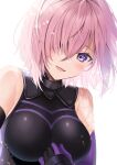  1girl bare_shoulders black_bodysuit black_gloves blush bodysuit breasts fate/grand_order fate_(series) gloves hair_over_one_eye highres large_breasts looking_at_viewer mash_kyrielight messy_hair open_mouth pink_hair purple_gloves short_hair simple_background smile solo two-tone_gloves violet_eyes white_background yunamaro 