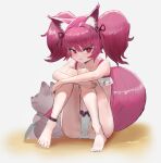  1girl animal_ears ankleband arknights bannnouyakunta bikini black_bow bow commentary fox_ears fox_girl fox_tail hair_bow hair_intakes knees_up long_hair looking_at_viewer pink_hair red_eyes shamare_(arknights) sitting solo stuffed_animal stuffed_toy swimsuit tail twintails white_bikini 