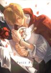  1boy absurdres alternate_costume blonde_hair cape celeboom dated facial_hair goatee hair_over_one_eye highres lying male_focus official_alternate_costume on_side one_piece red_cape sanji shirt short_hair sleeping smile solo thousand_sunny white_shirt 