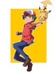  1boy 32890_(artist) ash_ketchum bangs baseball_cap black_gloves black_hair brown_eyes brown_footwear buttons clenched_hands closed_mouth collared_shirt commentary cosplay fingerless_gloves gen_1_pokemon gloves hat highres male_focus outline pants pikachu plaid pokemon pokemon_(anime) pokemon_(game) pokemon_on_arm pokemon_swsh red_shirt shirt shoes short_hair smile torn_clothes torn_pants victor_(pokemon) victor_(pokemon)_(cosplay) 