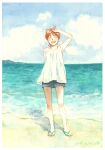 1girl arm_behind_back beach blush casual closed_eyes clouds collarbone dated halterneck hand_up happy hill horizon izumi_noa kidou_keisatsu_patlabor ocean open_mouth orange_hair sandals shadow short_hair shorts signature solo swimsuit swimsuit_under_clothes traditional_media ususionorisio water watercolor_(medium) 