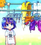  1girl :3 bangs blue_eyes blue_hair blue_sky closed_mouth clothes_writing clouds drying drying_clothes eyebrows_visible_through_hair highres looking_at_viewer outdoors patchwork_clothes pote_(ptkan) shirt short_hair short_sleeves sky smile solo standing sun symbol_commentary t-shirt tenkyuu_chimata touhou white_shirt 