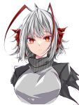  1girl arknights bangs black_jacket breasts commentary_request cropped_arms cropped_torso grey_hair grey_scarf highres horns jacket long_sleeves looking_at_viewer medium_breasts multicolored_hair open_clothes open_jacket red_eyes red_horns scarf shirt simple_background solo suterii upper_body w_(arknights) white_background white_shirt 