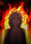  1boy bangs black_background blurry closed_mouth collarbone commentary_request dangan_ronpa_(series) dangan_ronpa_2:_goodbye_despair fire floating_hair highres hiru_(hyerrr) hood hooded_jacket jacket komaeda_nagito looking_at_viewer male_focus medium_hair messy_hair multicolored multicolored_background open_clothes open_jacket orange_background print_shirt red_background shirt solo upper_body yellow_background 