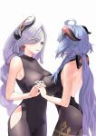  2girls absurdres backless_outfit bangs black_legwear blue_eyes blue_hair bodysuit braid braided_ponytail breast_press breasts covered_navel earrings ganyu_(genshin_impact) genshin_impact goat_horns hair_ornament hair_over_one_eye highres holding_hands horns jewelry large_breasts long_hair looking_at_another multiple_girls oknoyes1290 pantyhose parted_lips shenhe_(genshin_impact) swept_bangs symmetrical_docking tassel tassel_earrings very_long_hair waist_cutout white_background 