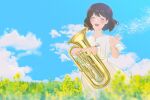  1girl :d bangs blue_sky blurry blurry_foreground blush brown_hair closed_eyes clouds dress euphonium field flower hand_up hibike!_euphonium highres holding holding_instrument instrument open_mouth oumae_kumiko outdoors plant ratifuu short_hair short_sleeves sky smile solo standing waving white_dress yellow_flower 