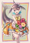 1girl alternate_costume apron bare_legs bare_shoulders black_hair blonde_hair blowhole blue_eyes blue_hair blush bouquet bow bowtie collar commentary_request common_dolphin_(kemono_friends) cowboy_shot dolphin_girl dolphin_tail dorsal_fin dress enmaided eyebrows_visible_through_hair flower frilled_collar frilled_dress frills high_collar highres kemono_friends kemono_friends_3 kosai_takayuki maid multicolored_hair official_alternate_costume open_mouth orange_dress short_hair sleeveless smile solo standing standing_on_one_leg tail white_apron white_collar white_hair yellow_neckwear