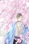  1boy ^_^ black_pants brown_hair brown_kimono cherry_blossoms closed_eyes facing_viewer fate/grand_order fate_(series) hair_between_eyes hakama_pants haori highres japanese_clothes kimono male_focus n_oel pants smile solo yamanami_keisuke_(fate) 
