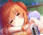 1girl animal_ears bangs blurry blurry_background blurry_foreground blush commentary_request crossed_bangs eraser face hair_spread_out highres holding indoors light_rays long_hair looking_at_viewer mayano_top_gun_(umamusume) open_mouth orange_eyes orange_hair purple_sleeves short_sleeves sidelocks sironora solo tareme twintails twitter_username two_side_up umamusume upper_body 