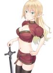  1girl bangs black_legwear blonde_hair breasts cleavage_cutout clothing_cutout commentary_request elf eyebrows_visible_through_hair hand_on_hip highres holding holding_sword holding_weapon large_breasts long_hair looking_at_viewer meow_(nekodenki) midriff navel original pointy_ears red_skirt short_sleeves simple_background skirt solo sword thigh-highs thighs weapon white_background zettai_ryouiki 