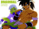  1boy 1girl black_eyes black_hair bracer broly_(dragon_ball_super) character_name cheelai colored_skin commentary_request copyright_name dragon_ball dragon_ball_super dragon_ball_super_broly green_skin iiimirai scar scar_on_chest short_hair sitting tongue tongue_out twitter_username violet_eyes white_hair 