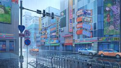  7-eleven absurdres ajisen_ramen arrietty billboard broom broom_riding building car chii-chan_(ajisen_ramen) chinese_commentary city commentary_request crosswalk fishing_rod food gake_no_ue_no_ponyo ground_vehicle highres horikoshi_jirou jiji_(majo_no_takkyuubin) karigurashi_no_arrietty kaze_tachinu kiki kusakabe_mei kusakabe_satsuki majo_no_takkyuubin motor_vehicle night no_humans noodles official_art original ponyo rain ramen riding road road_sign scenery sega sign sky sousuke_(ponyo) street studio_ghibli tonari_no_totoro totoro traffic_light water_drop xingzhi_lv 