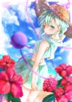  1girl absurdres alternate_costume alternate_headwear aqua_eyes aqua_hair aqua_shirt aqua_skirt beach blue_sky blurry blurry_foreground calpis118 clouds commentary crop_top day dutch_angle flower food from_behind hair_between_eyes hat hibiscus highres horizon komeiji_koishi light_particles looking_at_viewer looking_back mouth_hold ocean outdoors popsicle red_flower shirt short_hair skirt sky sleeveless sleeveless_shirt solo straw_hat sweat third_eye touhou 