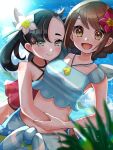  2girls :d asymmetrical_bangs bangs bare_arms bird black_hair blue_shirt blurry blush breasts brown_eyes closed_mouth clouds collarbone commentary day eyelashes flower gloria_(pokemon) green_eyes green_ribbon hair_flower hair_ornament hair_ribbon highres hug jewelry long_hair marnie_(pokemon) medium_hair multiple_girls necklace official_alternate_costume open_mouth outdoors pokemon pokemon_(game) pokemon_masters_ex ribbon setta_shu shiny shiny_hair shirt sky sleeveless sleeveless_shirt smile sparkle tongue twintails 
