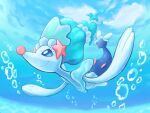  air_bubble blue_eyes bubble closed_mouth clouds commentary_request day from_below full_body gen_7_pokemon highres kico_(iskico) no_humans outstretched_arms pokemon pokemon_(creature) primarina sky smile solo underwater white_eyelashes 