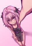  1boy absurdres alternate_costume astolfo_(fate) blush fate/apocrypha fate/grand_order fate_(series) from_above hair_ornament hej highres long_hair looking_at_viewer male_focus otoko_no_ko pink_background pink_hair ribbon simple_background solo violet_eyes 