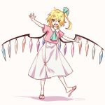  1girl arms_up bangs blonde_hair blue_neckwear blue_ribbon blush collar crystal eyebrows_visible_through_hair flandre_scarlet hair_between_eyes hair_ribbon hands_up holding jewelry looking_at_viewer multicolored multicolored_wings open_mouth pink_footwear pink_shirt pink_sleeves ponytail red_eyes ribbon sandals shikido_(khf) shirt short_hair short_sleeves skirt smile solo standing standing_on_one_leg t-shirt touhou white_skirt wings 