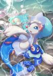  :d absurdres blue_eyes blurry bubble commentary_request fang from_above gen_7_pokemon grey_eyes highres no_humans nullma open_mouth outstretched_arm pokemon pokemon_(creature) popplio primarina signature smile starter_pokemon tongue water white_eyelashes 